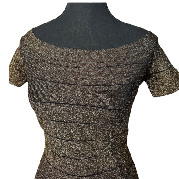 GUESS Bodycon Bandage Metallic Gold off the shoulder dress in US 10 M Black tie - Picture 6 of 11